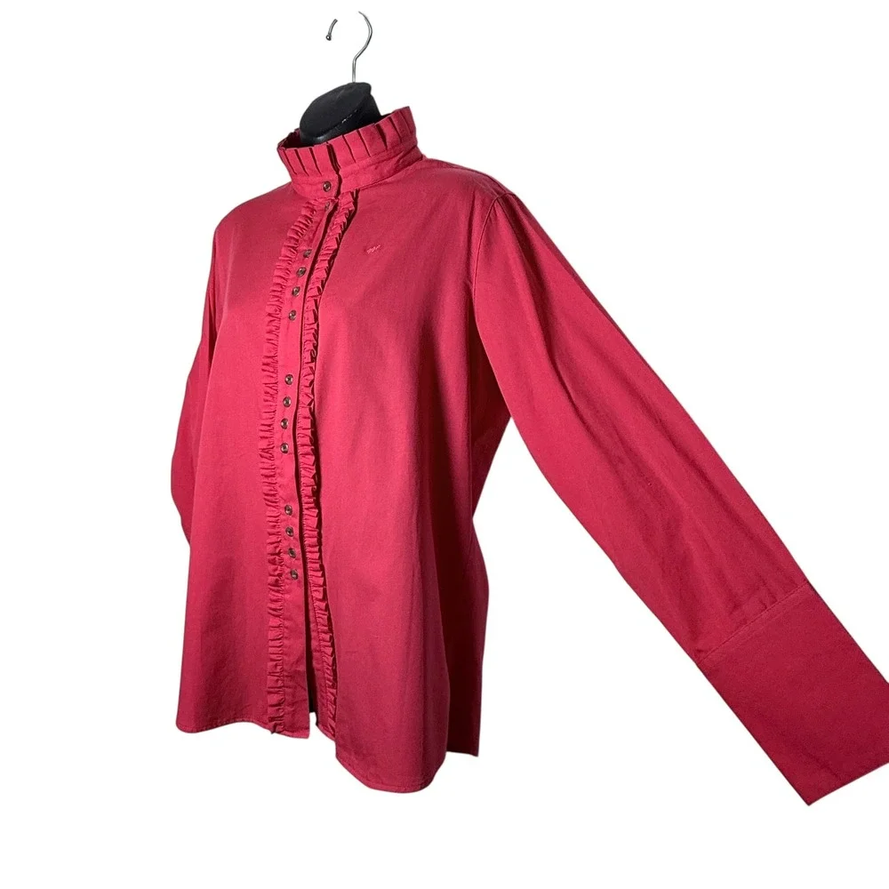 King Ranch Pink Cotton Ruffle Mock Neck Western Field Shirt Blouse Long Size XL‎